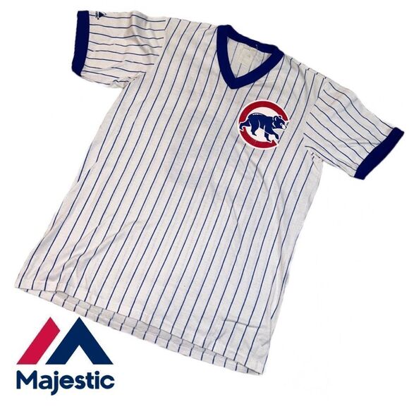 Majestic Chicago‎ Cubs Jeffrey “Shark” Samardzija 29 Pinstripe V-Neck Tee 2008 - Picture 1 of 3